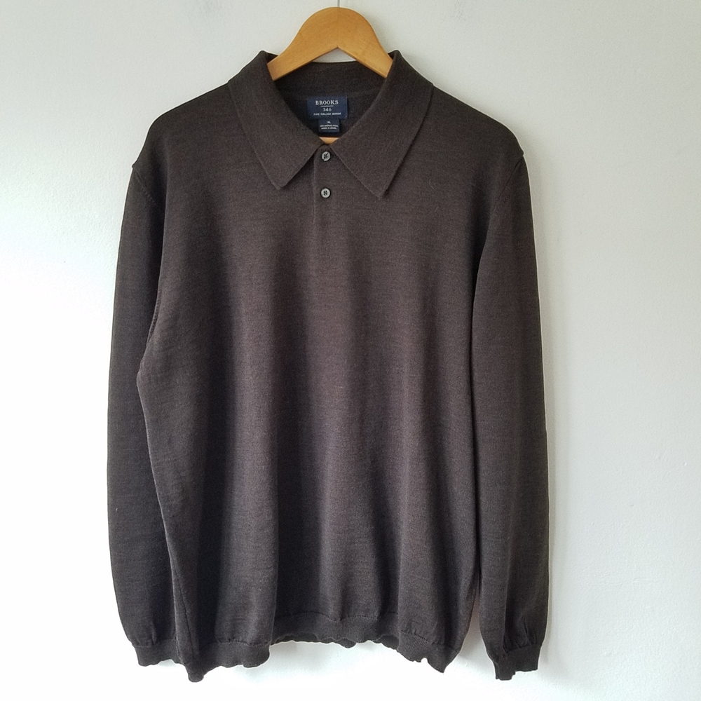 Vtg Brooks 346 Merino Wool Brown Polo Sweater Mens Size XL
